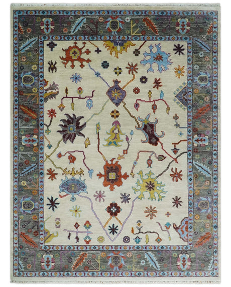 Hand Knotted Ivory and Gray Traditional Oushak Multi Size Wool Area Rug