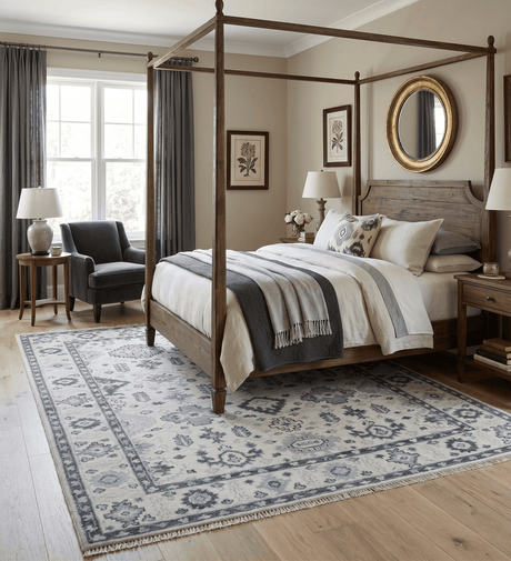Hand Knotted Ivory And Gray Turkish Design Wool Area Rug