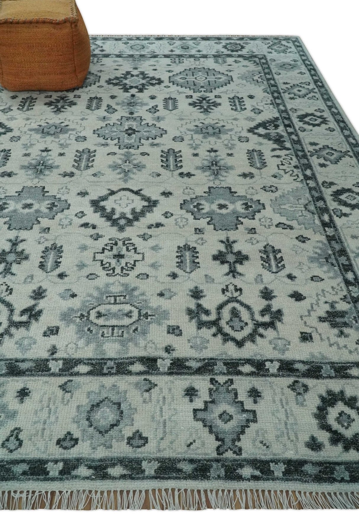 Hand Knotted Ivory And Gray Turkish Design Wool Area Rug