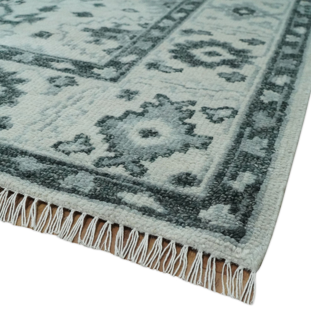 Hand Knotted Ivory And Gray Turkish Design Wool Area Rug