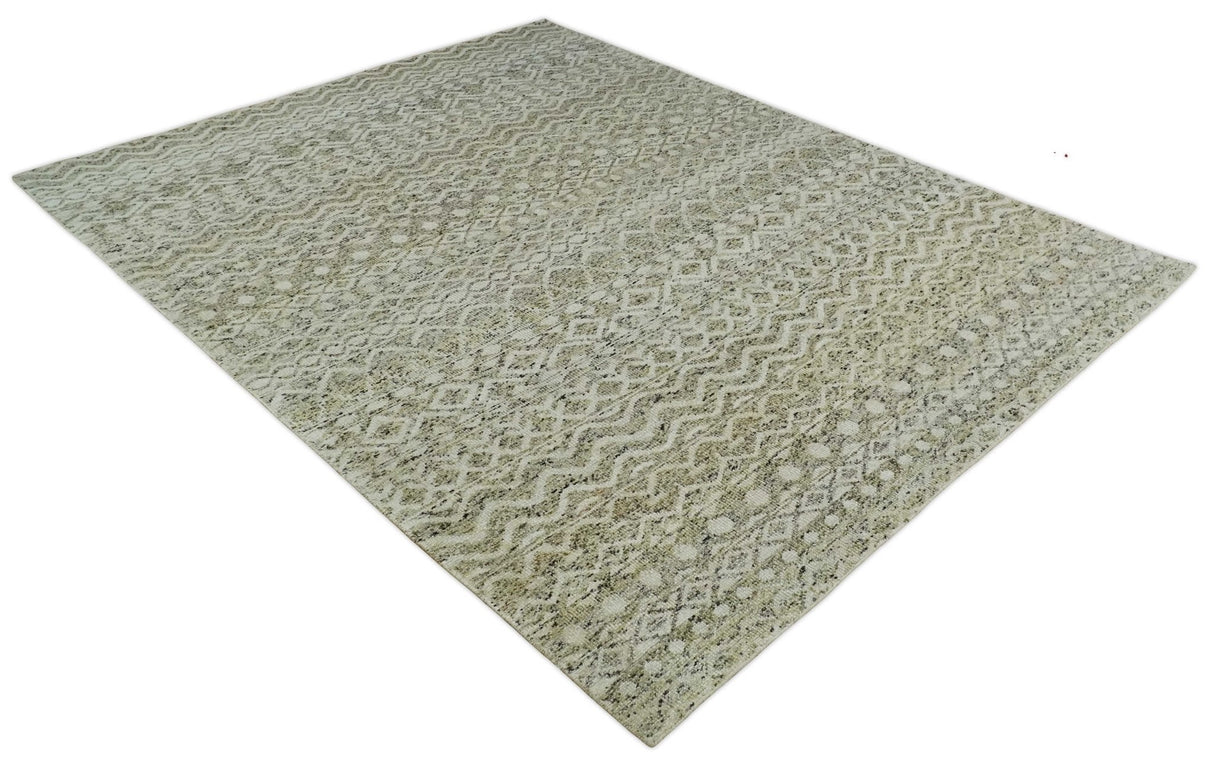 Hand Knotted Ivory, Beige and Brown Modern Contemporary Southwestern Tribal Trellis Recycled Silk Area Rug