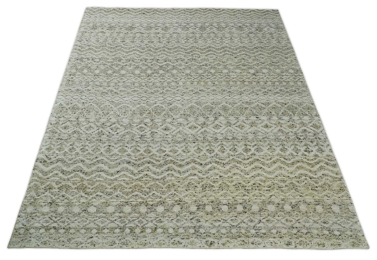 Hand Knotted Ivory, Beige and Brown Modern Contemporary Southwestern Tribal Trellis Recycled Silk Area Rug