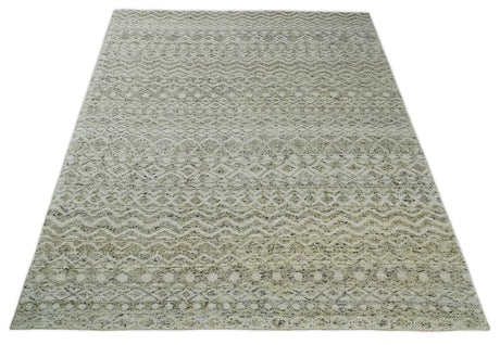 Hand Knotted Ivory, Beige and Brown Modern Contemporary Southwestern Tribal Trellis Recycled Silk Area Rug