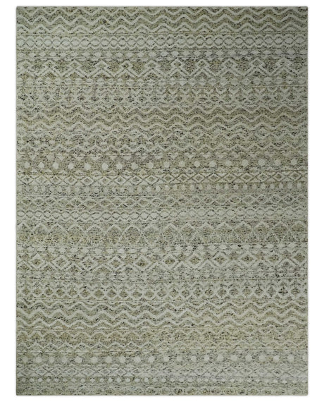Hand Knotted Ivory, Beige and Brown Modern Contemporary Southwestern Tribal Trellis Recycled Silk Area Rug