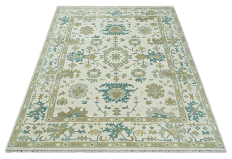 Hand Knotted Ivory, Beige and Teal Antique look Traditional Oushak Multi Size Wool Area Rug