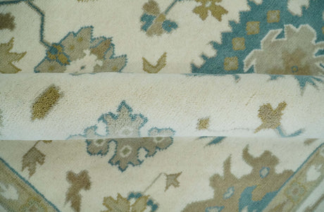 Hand Knotted Ivory, Beige and Teal Traditional Oushak Wool Area Rug