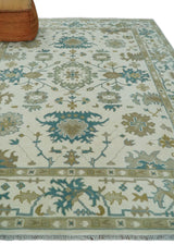 Hand Knotted Ivory, Beige and Teal Traditional Oushak Wool Area Rug