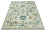 Hand Knotted Ivory, Beige and Teal Traditional Oushak Wool Area Rug