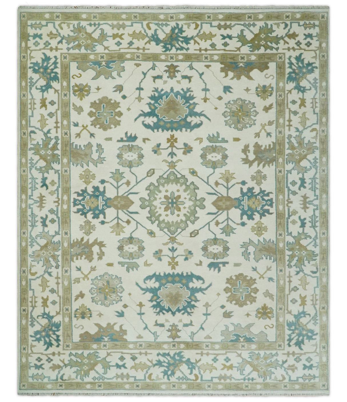 Hand Knotted Ivory, Beige and Teal Traditional Oushak Wool Area Rug