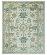 Hand Knotted Ivory, Beige and Teal Traditional Oushak Wool Area Rug