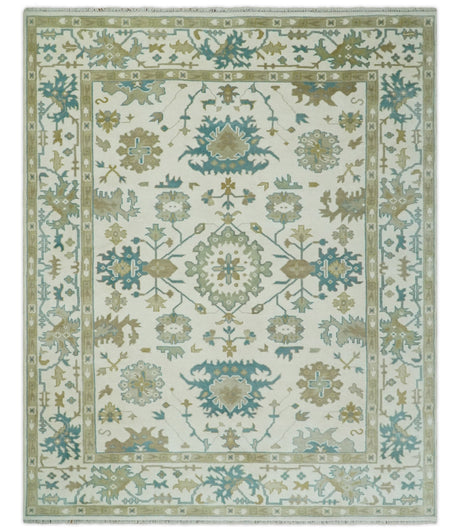 Hand Knotted Ivory, Beige and Teal Traditional Oushak Wool Area Rug