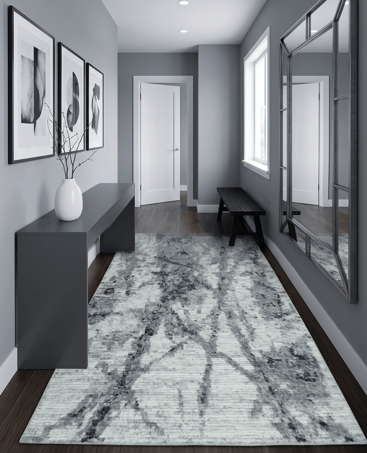 Hand Knotted Ivory, Black and Charcoal Modern Abstract Made with Blended Wool Multi Size Rug