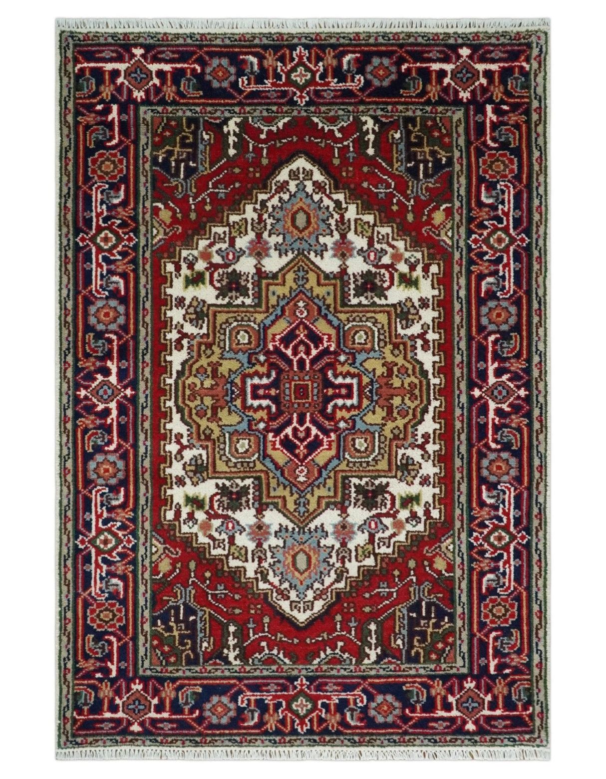 Hand Knotted Ivory, Brown and Blue Traditional Antique Style Wool Area Rug