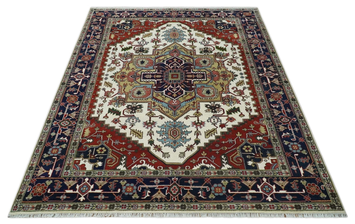 Hand Knotted Ivory, Brown and Blue Traditional Antique Style Wool Area Rug