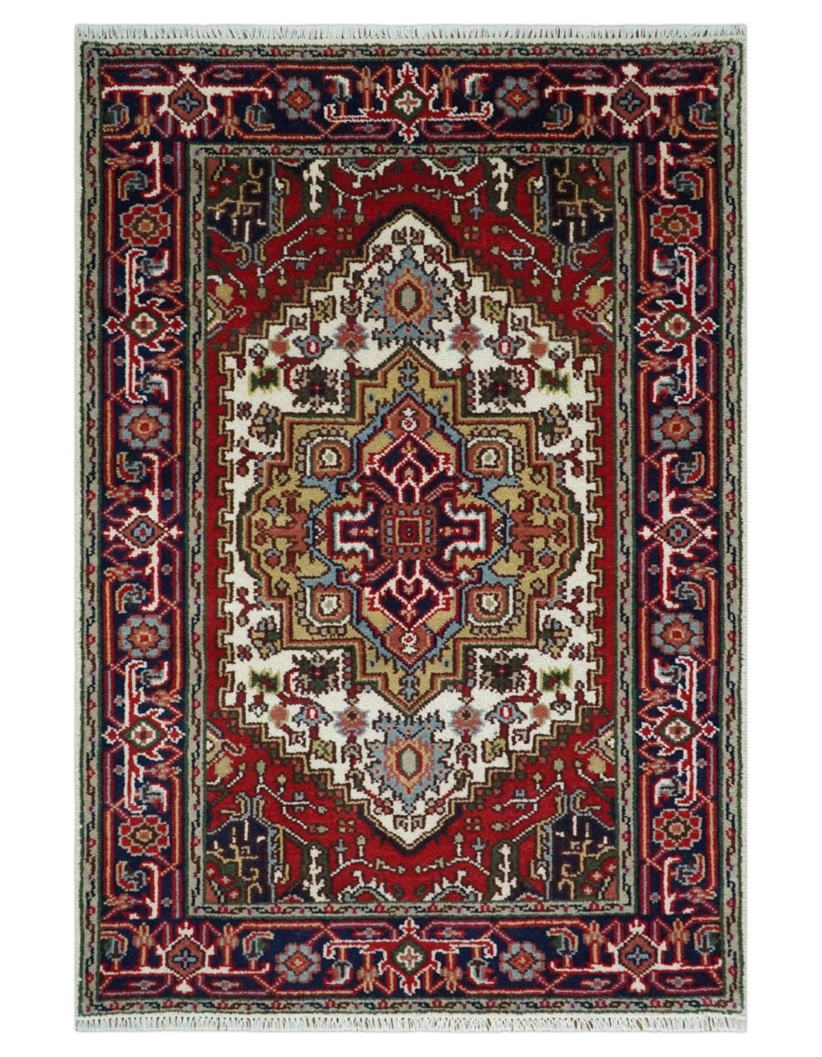 Hand Knotted Ivory, Brown and Blue Traditional Antique Style Wool Area Rug