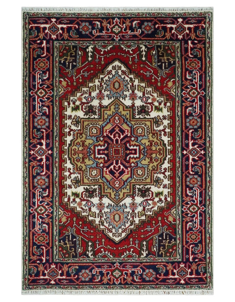 Hand Knotted Ivory, Brown and Blue Traditional Antique Style Wool Area Rug