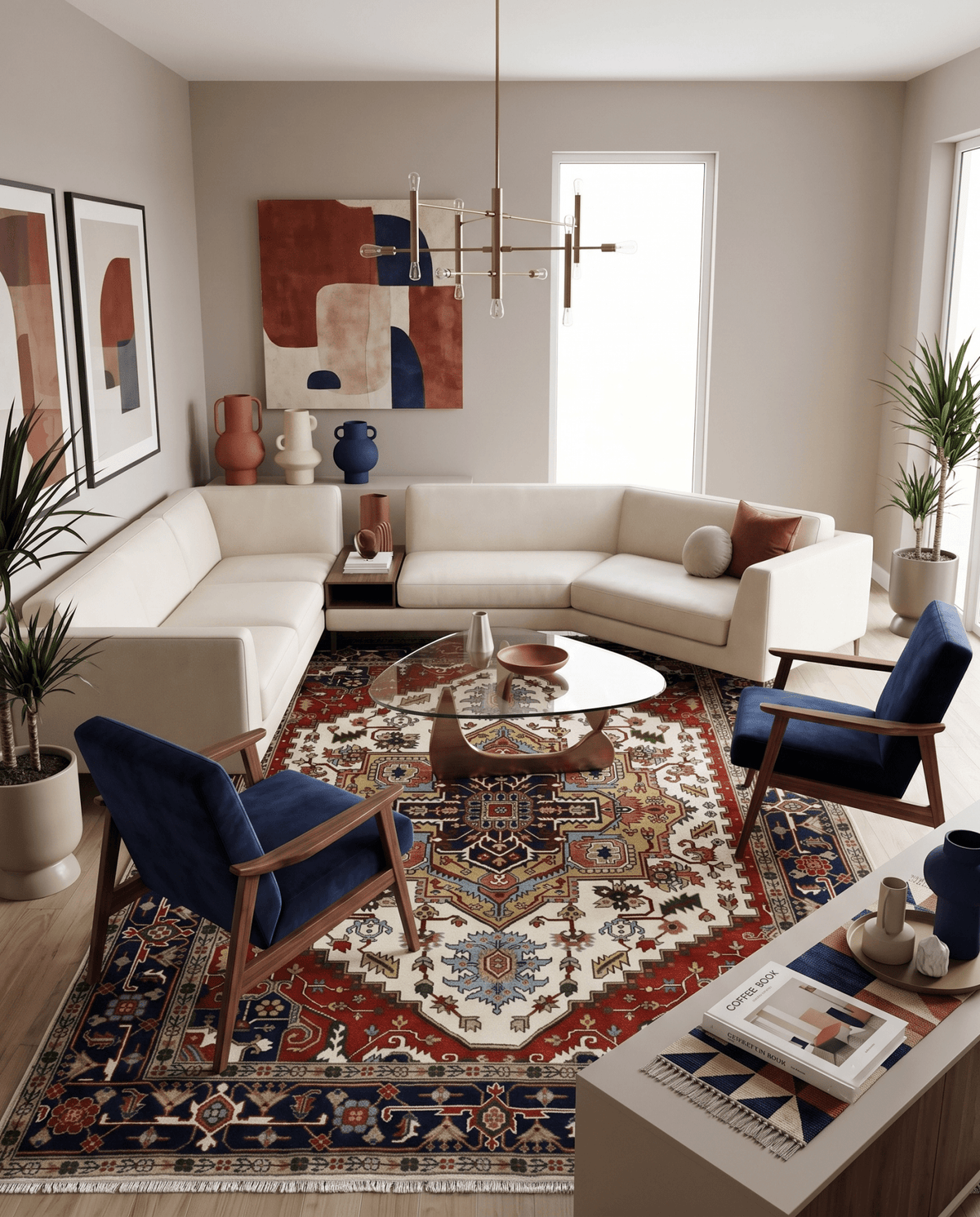 Hand Knotted Ivory, Brown and Blue Traditional Antique Style Wool Area Rug