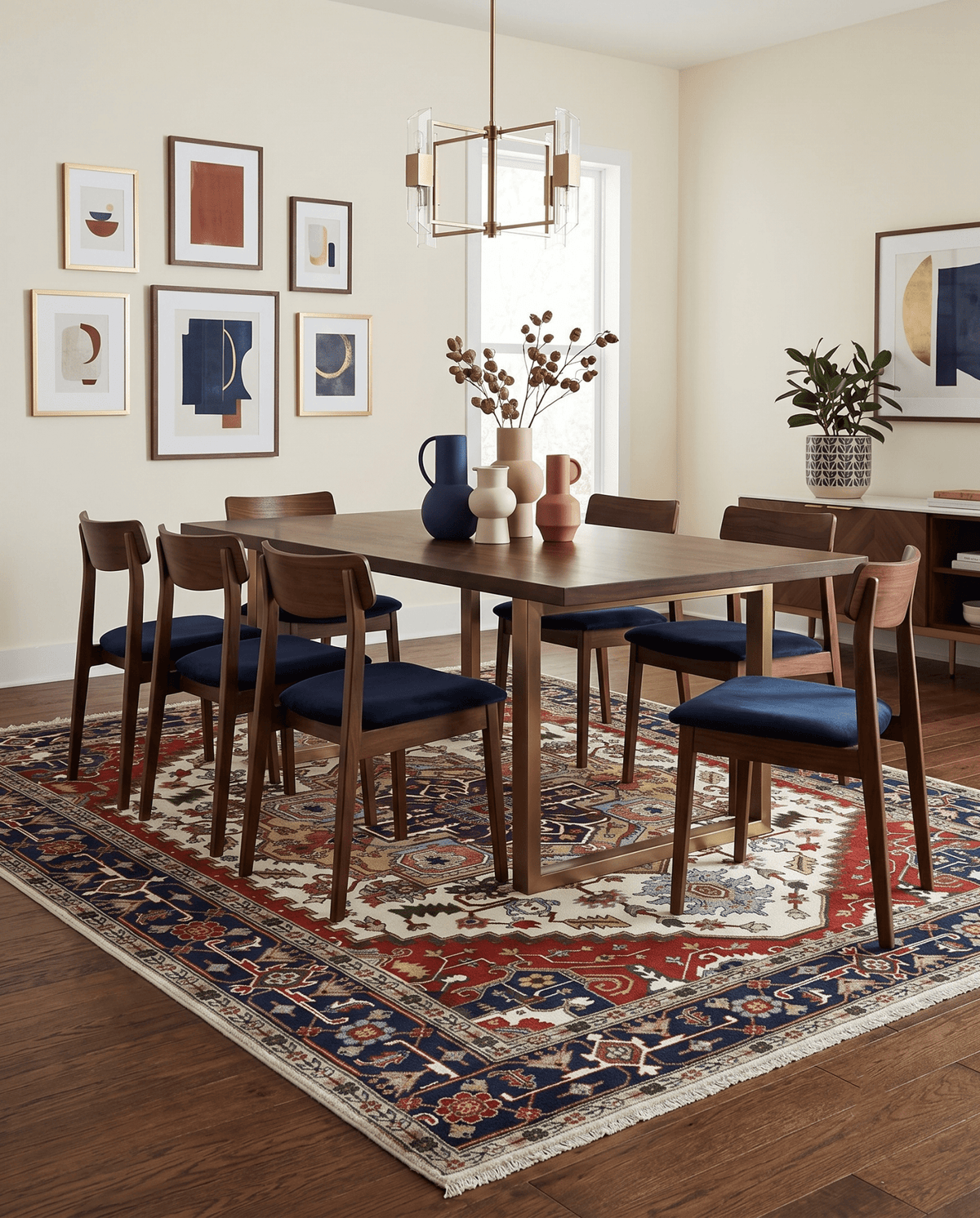 Hand Knotted Ivory, Brown and Blue Traditional Antique Style Wool Area Rug