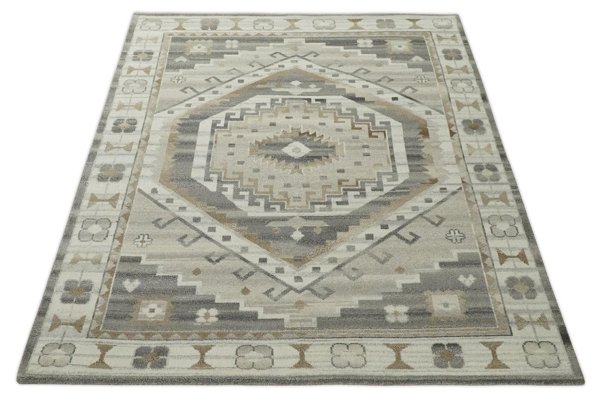 Hand Knotted Ivory, Charcoal and Beige Traditional Medallion Natural Wool Custom Made Area Rug, Kids, Living Room and Bedroom Rug-Parc Decor