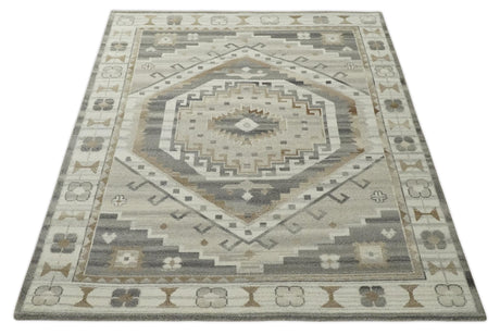 Hand Knotted Ivory, Charcoal and Beige Traditional Medallion Natural Wool Custom Made Area Rug, Kids, Living Room and Bedroom Rug