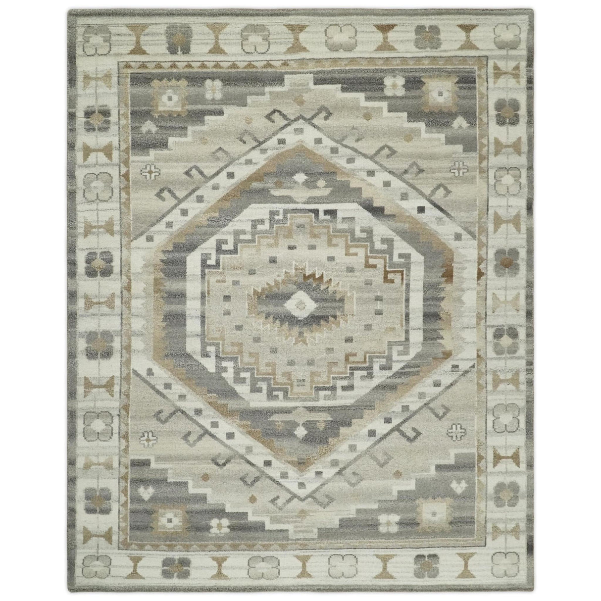 Hand Knotted Ivory, Charcoal and Beige Traditional Medallion Natural Wool Custom Made Area Rug, Kids, Living Room and Bedroom Rug-Parc Decor
