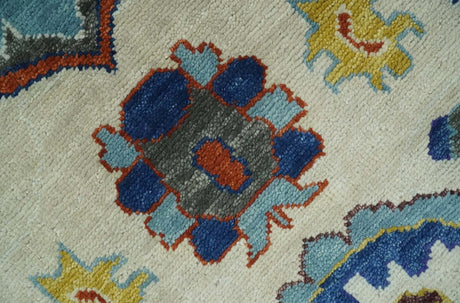 Hand Knotted Ivory, Charcoal and Blue Traditional Oushak Multi size Wool Area Rug