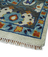 Hand Knotted Ivory, Charcoal and Blue Traditional Oushak Multi size Wool Area Rug