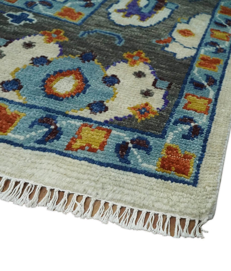 Hand Knotted Ivory, Charcoal and Blue Traditional Oushak Multi size Wool Area Rug