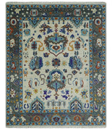 Hand Knotted Ivory, Charcoal and Blue Traditional Oushak Multi size Wool Area Rug