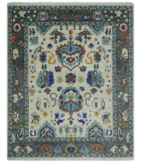 Hand Knotted Ivory, Charcoal and Blue Traditional Oushak Multi size Wool Area Rug