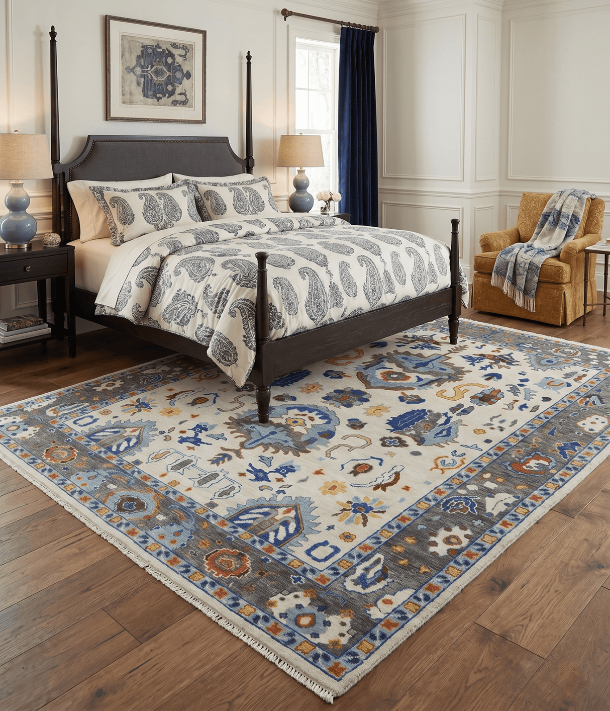 Hand Knotted Ivory, Charcoal and Blue Traditional Oushak Multi size Wool Area Rug