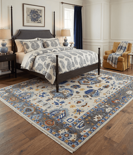 Hand Knotted Ivory, Charcoal and Blue Traditional Oushak Multi size Wool Area Rug