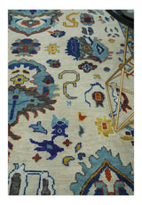 Hand Knotted Ivory, Charcoal and Blue Traditional Oushak Multi size Wool Area Rug