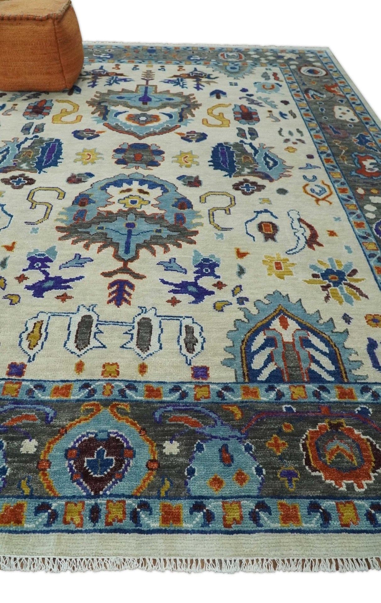 Hand Knotted Ivory, Charcoal and Blue Traditional Oushak Multi size Wool Area Rug