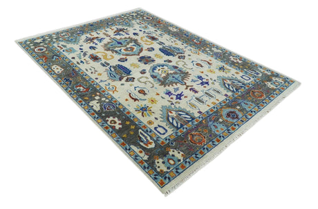 Hand Knotted Ivory, Charcoal and Blue Traditional Oushak Multi size Wool Area Rug