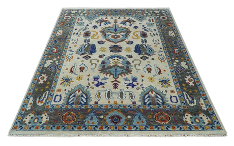 Hand Knotted Ivory, Charcoal and Blue Traditional Oushak Multi size Wool Area Rug