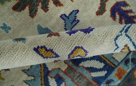 Hand Knotted Ivory, Charcoal and Blue Traditional Oushak Multi size Wool Area Rug