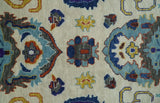 Hand Knotted Ivory, Charcoal and Blue Traditional Oushak Multi size Wool Area Rug