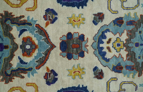 Hand Knotted Ivory, Charcoal and Blue Traditional Oushak Multi size Wool Area Rug