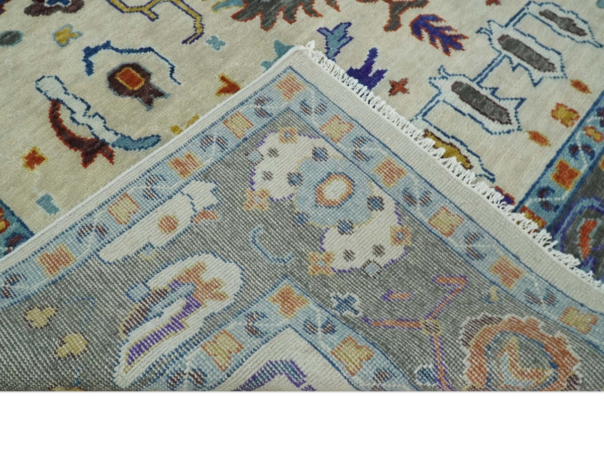 Hand Knotted Ivory, Charcoal and Blue Traditional Oushak Multi size Wool Area Rug