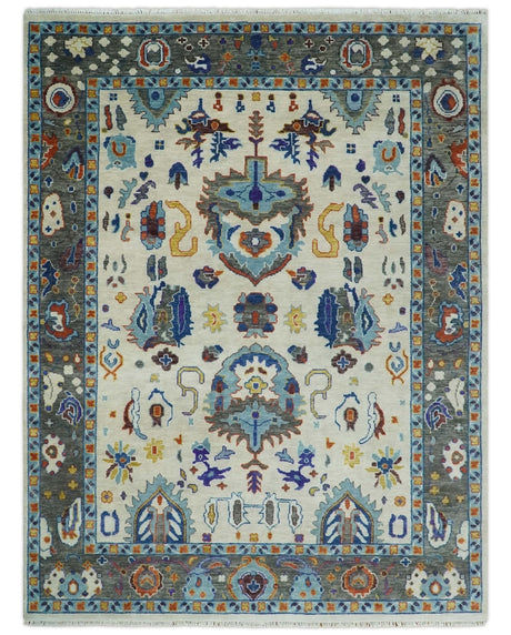 Hand Knotted Ivory, Charcoal and Blue Traditional Oushak Multi size Wool Area Rug