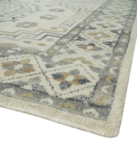 Hand Knotted Ivory, Gray and Beige Traditional Medallion Natural Wool Custom Made Area Rug, Kids, Living Room and Bedroom Rug