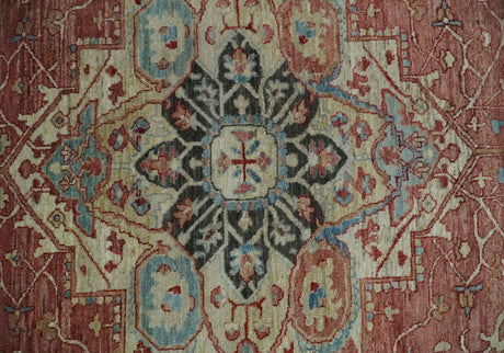 Hand Knotted Ivory, Rust and Blue Antique Persian Heriz Serapi Wool Rug
