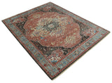 Hand Knotted Ivory, Rust and Blue Antique Persian Heriz Serapi Wool Rug