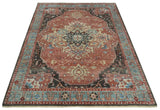 Hand Knotted Ivory, Rust and Blue Antique Persian Heriz Serapi Wool Rug