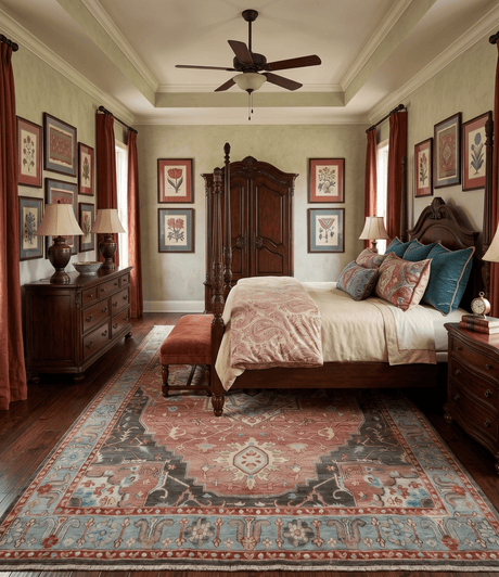 Hand Knotted Ivory, Rust and Blue Antique Persian Heriz Serapi Wool Rug