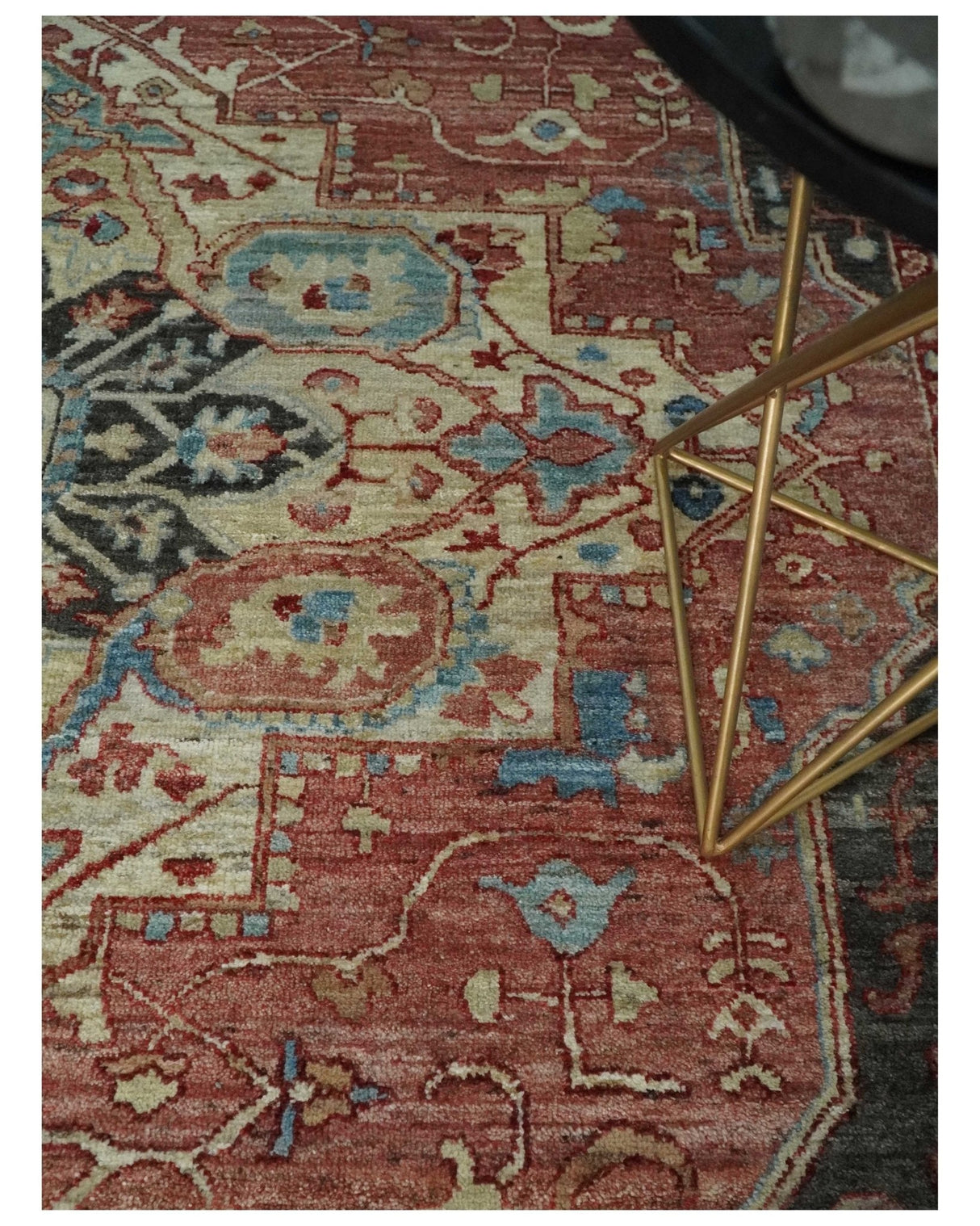Hand Knotted Ivory, Rust and Blue Antique Persian Heriz Serapi Wool Rug