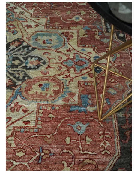 Hand Knotted Ivory, Rust and Blue Antique Persian Heriz Serapi Wool Rug