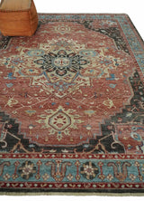 Hand Knotted Ivory, Rust and Blue Antique Persian Heriz Serapi Wool Rug