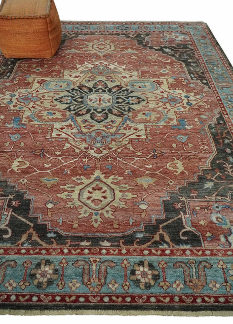 Hand Knotted Ivory, Rust and Blue Antique Persian Heriz Serapi Wool Rug